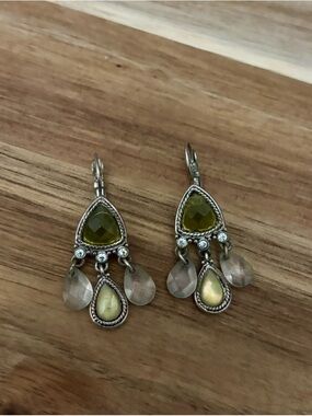 Vintage Boho Leverback Dangle Earrings | Green Stone + Beaded Drop Artisan Style